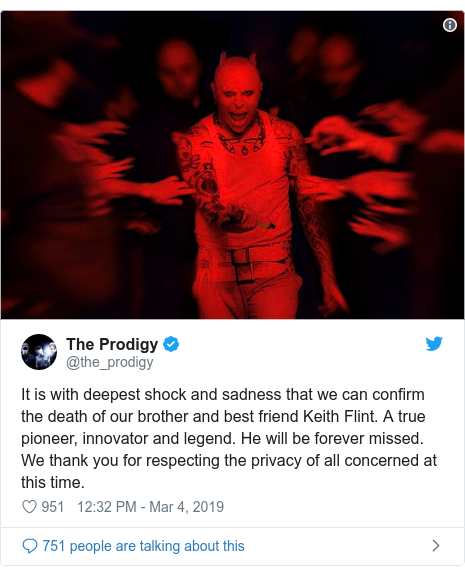 Tweet from The Prodigy Keith Flint suicide